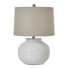 Load image into Gallery viewer, Squat White Beaded Ceramic Lamp With Linen Shade