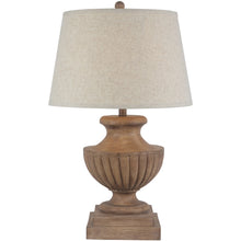 Load image into Gallery viewer, Table lamp with wooden base and beige lampshade on a white background