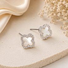 Load image into Gallery viewer, Silver Plated Crystal Edged Quatrefoil Earrings - POM