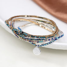 Load image into Gallery viewer, Silver Plated And Faux Gold Blue Mix Crystal Five Bracelet Stack - POM
