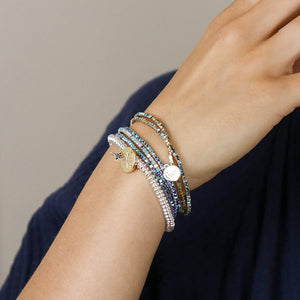 Silver Plated And Faux Gold Blue Mix Crystal Five Bracelet Stack - POM
