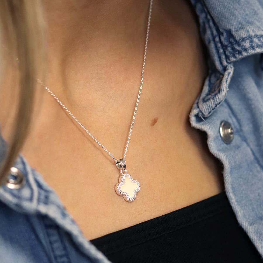 Silver Plated Crystal Edged Quatrefoil Necklace - POM