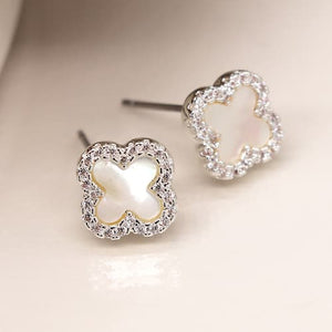Silver Plated Crystal Edged Quatrefoil Earrings - POM