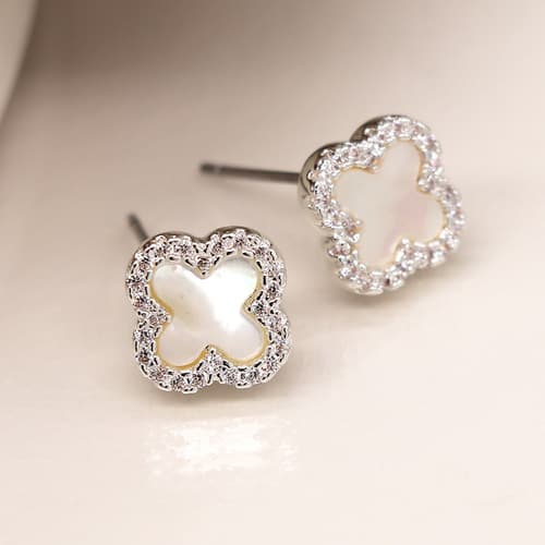 Silver Plated Crystal Edged Quatrefoil Earrings - POM
