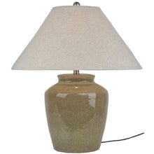 Load image into Gallery viewer, Table lamp with beige ceramic base and linen shade on a white background
