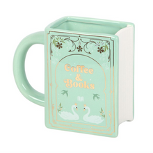 Load image into Gallery viewer, Coffee and Books Green Book Shaped Mug
