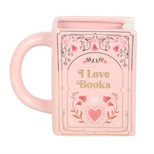 Load image into Gallery viewer, I Love Books Pink Book Shaped Mug
