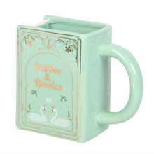 Load image into Gallery viewer, Coffee and Books Green Book Shaped Mug
