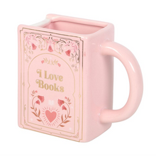Load image into Gallery viewer, I Love Books Pink Book Shaped Mug

