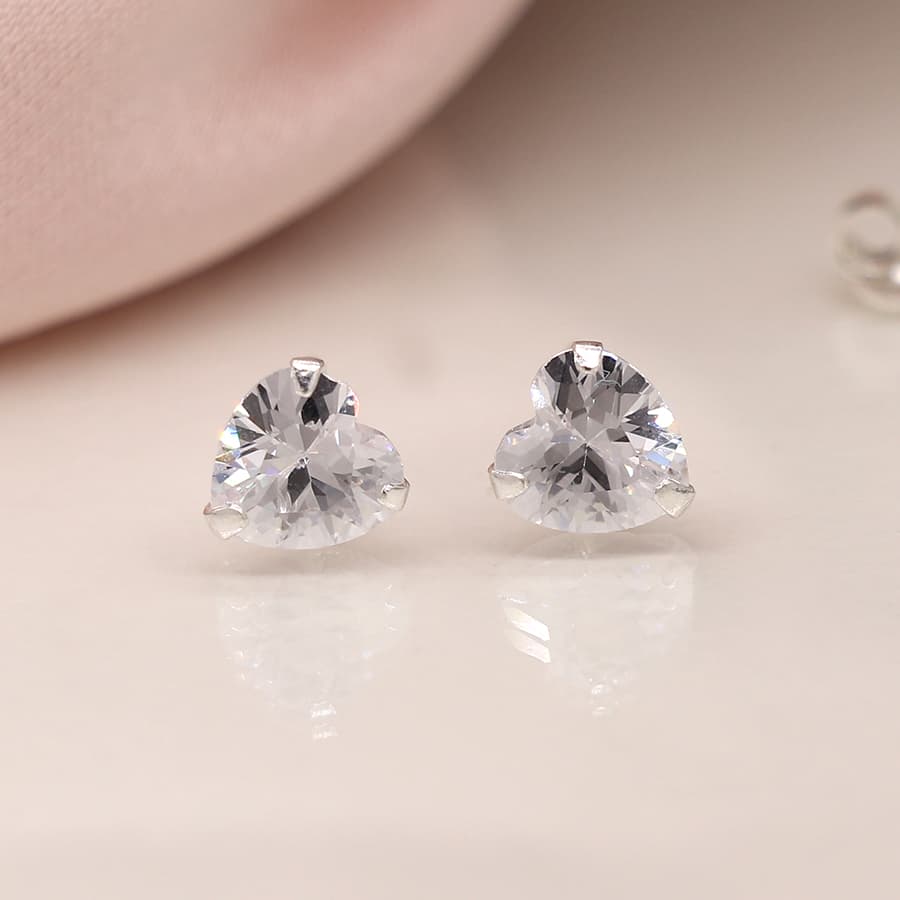 Sterling Silver Crystal Heart Stud Earrings - POM