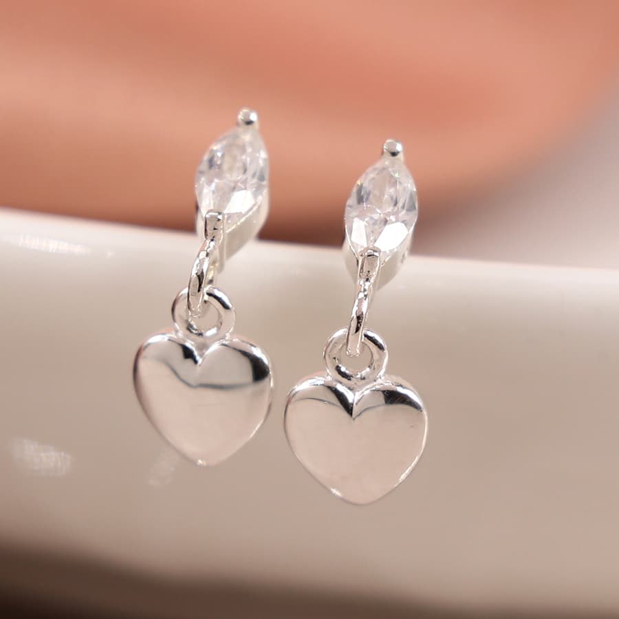 Sterling Silver Marquis Crystal And Heart Charm Earrings