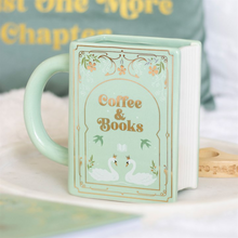 Load image into Gallery viewer, Coffee and Books Green Book Shaped Mug
