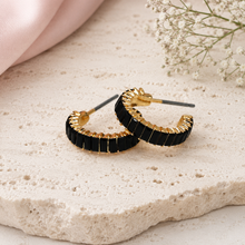 Load image into Gallery viewer, Faux Gold C Post Black Oblong Crystal Hoop Earrings - POM
