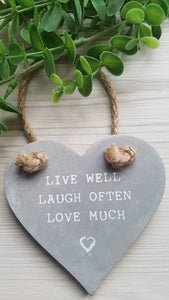 "Live Well, Laugh Often, Love Much" Hanging Concrete Heart